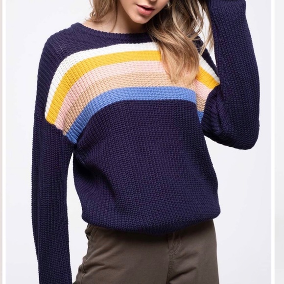NWT Navy Rainbow Striped Crewneck Sweater - Picture 1 of 3